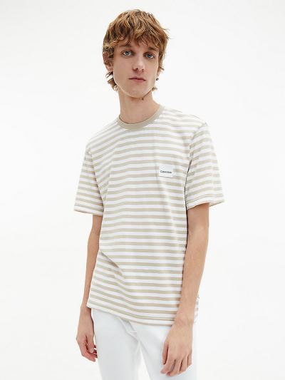 Calvin Klein Ruhák HU077182 | Calvin Klein Organic Cotton Stripe Férfi Póló Csíkok Fehér / Szürke
